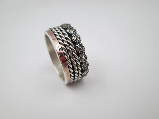 Women's spinner ring. Sterling silver and rolled gold. Marcasite stones. Portugal. 2000's