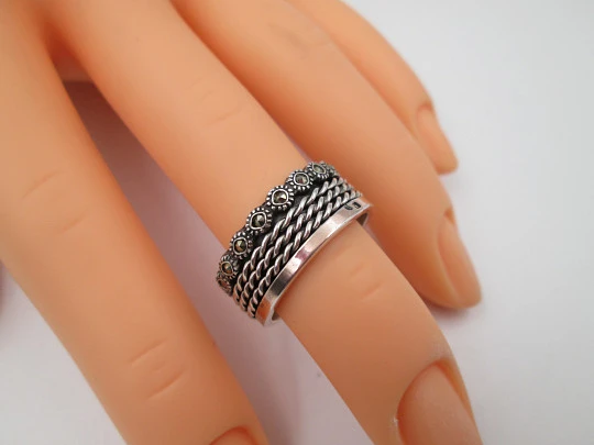 Women's spinner ring. Sterling silver and rolled gold. Marcasite stones. Portugal. 2000's