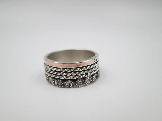 Women's spinner ring. Sterling silver and rolled gold. Marcasite stones. Portugal. 2000's