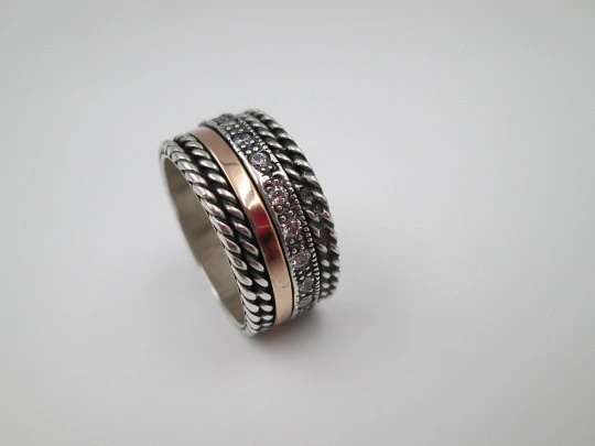 Women's spinner ring. Sterling silver and yellow gold. White gems. Portugal. 2000's Women's spinner ring. Sterling silver and yellow gold. White gems. Portugal. 2000's