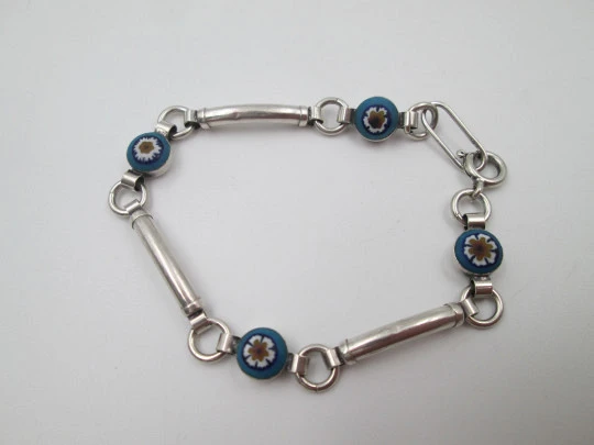 Women's sterling silver bracelet. Colour enamel flowers. Spring ring clasp. 1990's