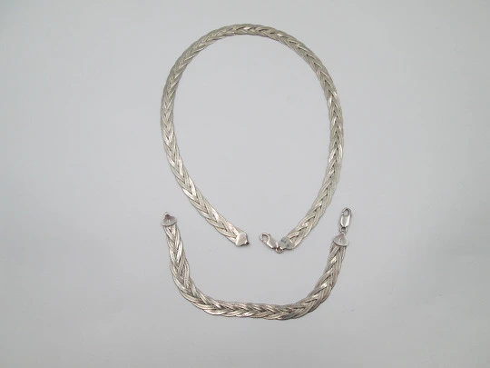 Women's sterling silver choker and braided bracelet set with herringbone design. Italy