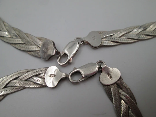 Women's sterling silver choker and braided bracelet set with herringbone design. Italy
