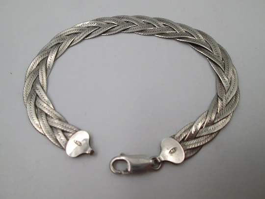 Women's sterling silver choker and braided bracelet set with herringbone design. Italy