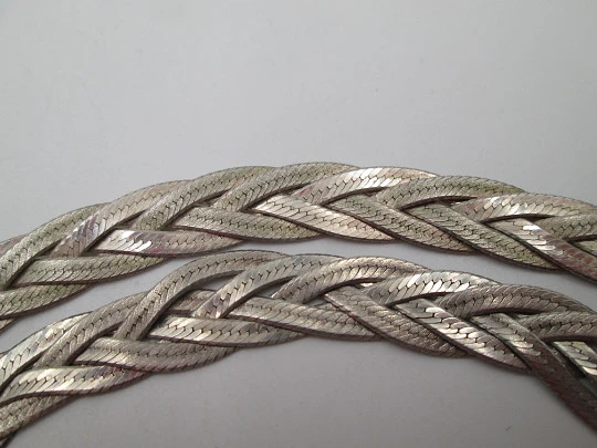 Women's sterling silver choker and braided bracelet set with herringbone design. Italy