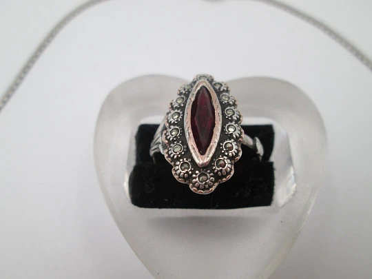 Women's sterling silver necklace and ring set. Marcasite stones, gold and garnet gems Women's sterling silver necklace and ring set. Marcasite stones, gold and garnet gems