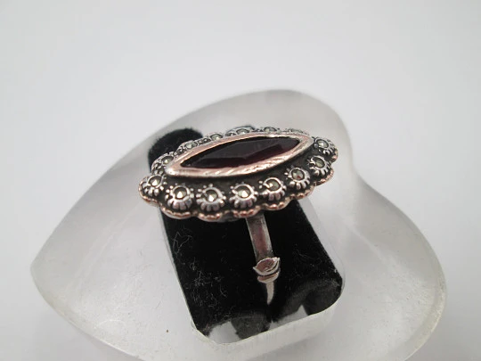 Women's sterling silver necklace and ring set. Marcasite stones, gold and garnet gems Women's sterling silver necklace and ring set. Marcasite stones, gold and garnet gems