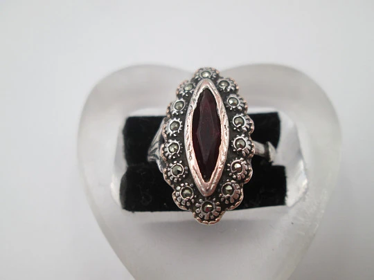 Women's sterling silver necklace and ring set. Marcasite stones, gold and garnet gems Women's sterling silver necklace and ring set. Marcasite stones, gold and garnet gems