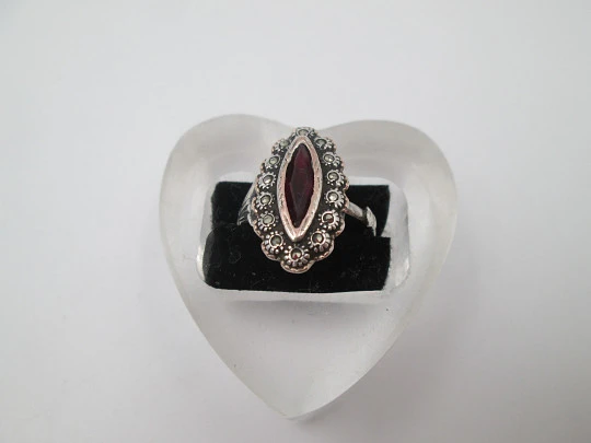 Women's sterling silver necklace and ring set. Marcasite stones, gold and garnet gems Women's sterling silver necklace and ring set. Marcasite stones, gold and garnet gems