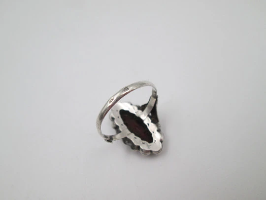 Women's sterling silver necklace and ring set. Marcasite stones, gold and garnet gems Women's sterling silver necklace and ring set. Marcasite stones, gold and garnet gems