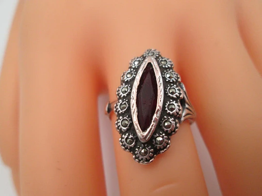 Women's sterling silver necklace and ring set. Marcasite stones, gold and garnet gems Women's sterling silver necklace and ring set. Marcasite stones, gold and garnet gems
