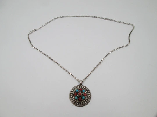 Women's sterling silver necklace. Link chain and turquoise and coral pendant. 1980's Women's sterling silver necklace. Link chain and turquoise and coral pendant. 1980's