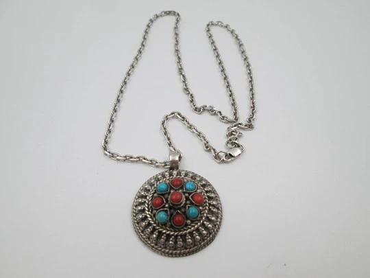 Women's sterling silver necklace. Link chain and turquoise and coral pendant. 1980's Women's sterling silver necklace. Link chain and turquoise and coral pendant. 1980's