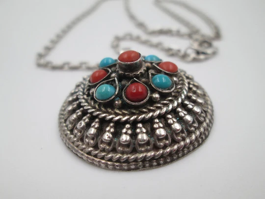 Women's sterling silver necklace. Link chain and turquoise and coral pendant. 1980's Women's sterling silver necklace. Link chain and turquoise and coral pendant. 1980's