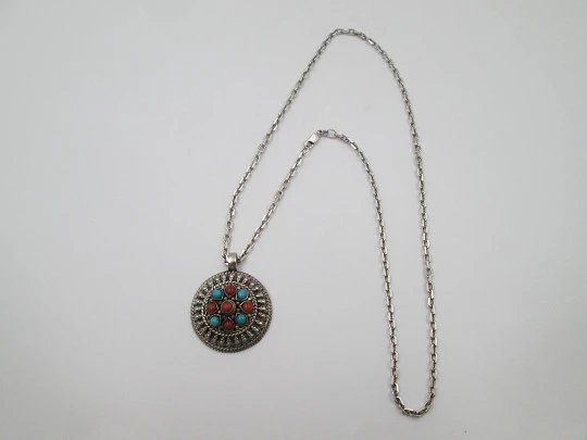 Women's sterling silver necklace. Link chain and turquoise and coral pendant. 1980's Women's sterling silver necklace. Link chain and turquoise and coral pendant. 1980's