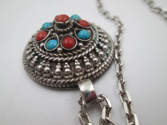 Women's sterling silver necklace. Link chain and turquoise and coral pendant. 1980's Women's sterling silver necklace. Link chain and turquoise and coral pendant. 1980's