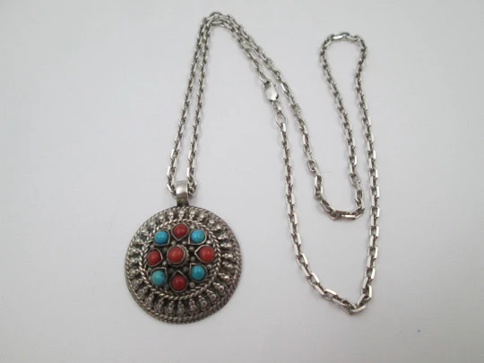Women's sterling silver necklace. Link chain and turquoise and coral pendant. 1980's Women's sterling silver necklace. Link chain and turquoise and coral pendant. 1980's