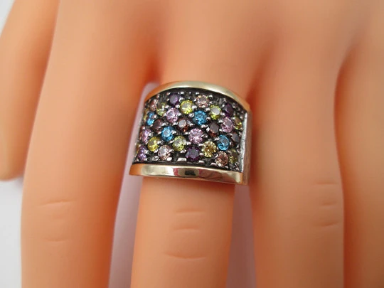 Women's Tutti Frutti broad ring. Sterling silver and yellow gold. Martele pattern. 2000's