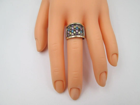 Women's Tutti Frutti broad ring. Sterling silver and yellow gold. Martele pattern. 2000's