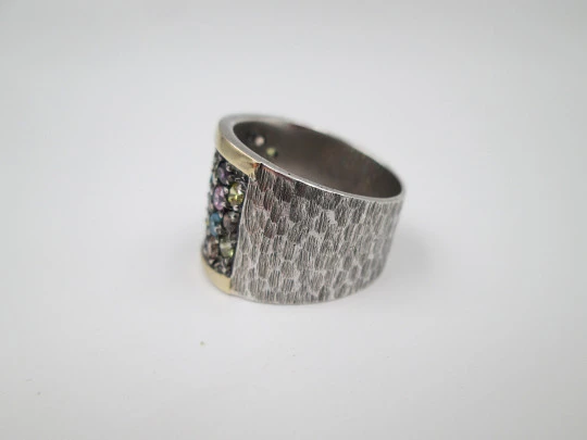 Women's Tutti Frutti broad ring. Sterling silver and yellow gold. Martele pattern. 2000's