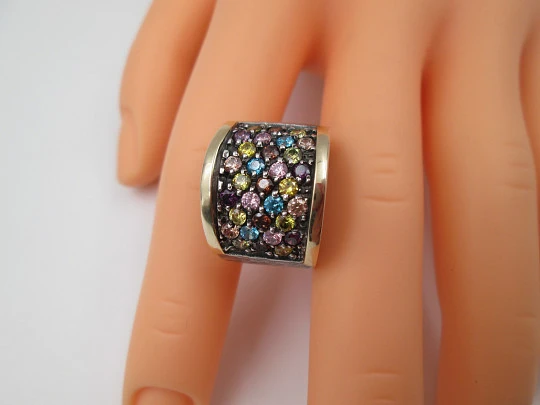 Women's Tutti Frutti broad ring. Sterling silver and yellow gold. Martele pattern. 2000's