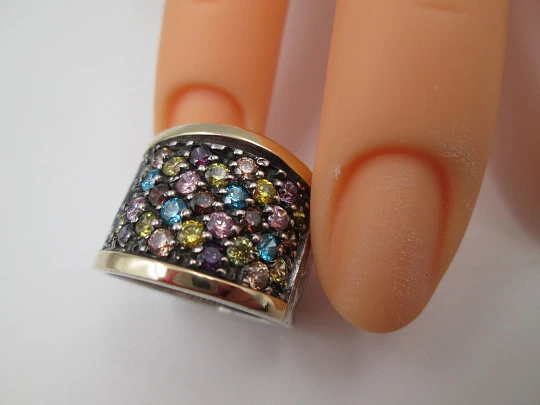 Women's Tutti Frutti broad ring. Sterling silver and yellow gold. Martele pattern. 2000's
