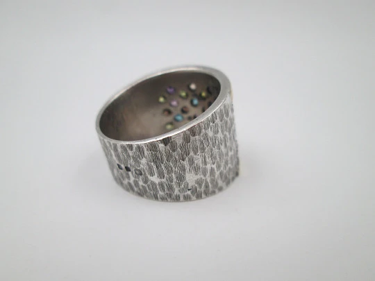 Women's Tutti Frutti broad ring. Sterling silver and yellow gold. Martele pattern. 2000's