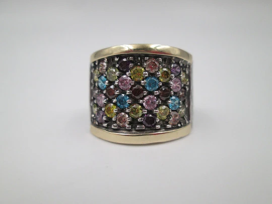 Women's Tutti Frutti broad ring. Sterling silver and yellow gold. Martele pattern. 2000's