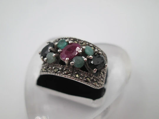 Women's tutti frutti ring. Sterling silver, marcasite and multicolored gems. 1970's