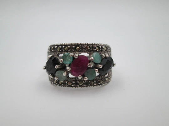 Women's tutti frutti ring. Sterling silver, marcasite and multicolored gems. 1970's