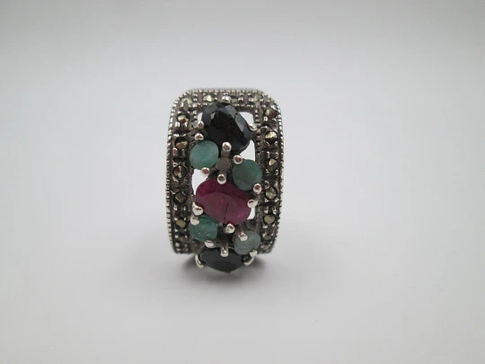 Women's tutti frutti ring. Sterling silver, marcasite and multicolored gems. 1970's