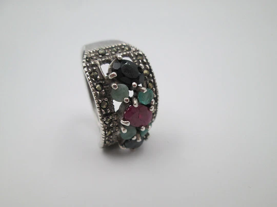 Women's tutti frutti ring. Sterling silver, marcasite and multicolored gems. 1970's