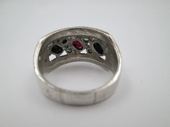 Women's tutti frutti ring. Sterling silver, marcasite and multicolored gems. 1970's