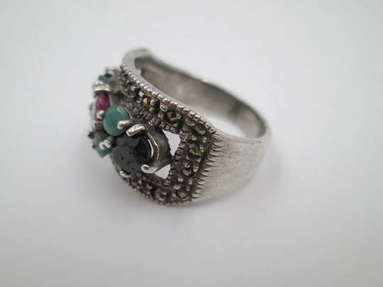 Women's tutti frutti ring. Sterling silver, marcasite and multicolored gems. 1970's