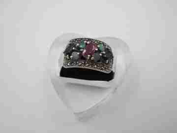 Women's tutti frutti ring. Sterling silver, marcasite and multicolored gems. 1970's