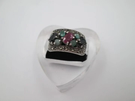 Women's tutti frutti ring. Sterling silver, marcasite and multicolored gems. 1970's