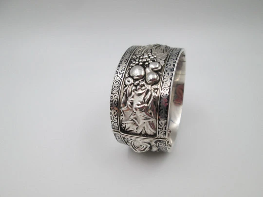 Women's wide bangle. Sterling silver. Ears of wheat and fruit on relief. Niello edge. 1970's Women's wide bangle. Sterling silver. Ears of wheat and fruit on relief. Niello edge. 1970's