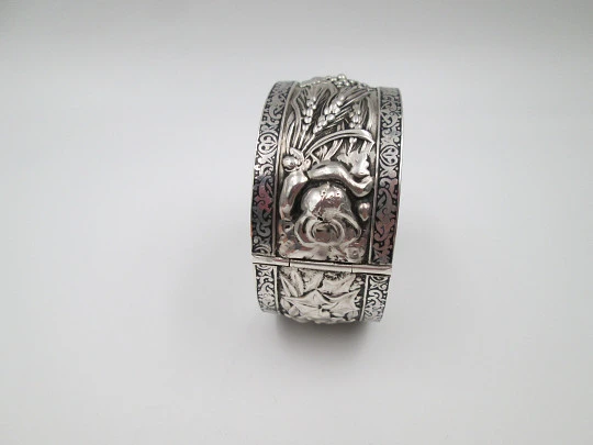 Women's wide bangle. Sterling silver. Ears of wheat and fruit on relief. Niello edge. 1970's