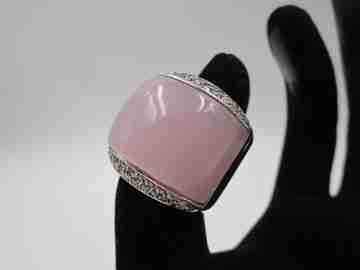 Women's wide ring. 925 sterling silver. Pink stone and rhinestones stripes. 1990's