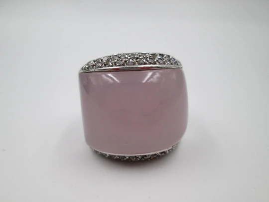 Women's wide ring. 925 sterling silver. Pink stone and rhinestones stripes. 1990's