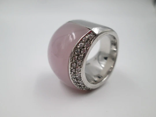 Women's wide ring. 925 sterling silver. Pink stone and rhinestones stripes. 1990's