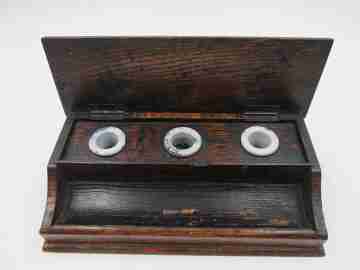 Wood inkwells rectangular Writing Box. Three ceramic items. Articulated lid & pens holder