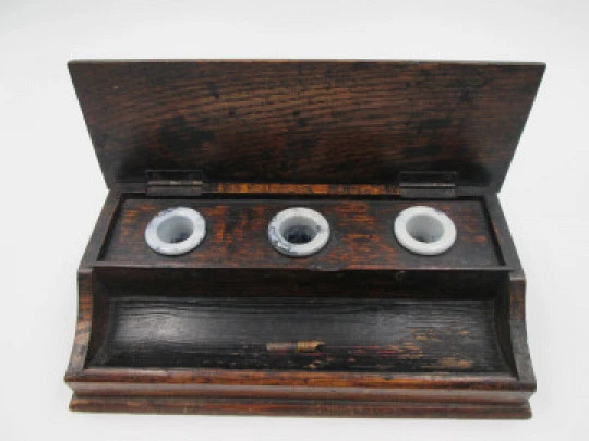 Wood inkwells rectangular Writing Box. Three ceramic items. Articulated lid & pens holder