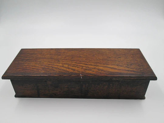 Wood inkwells rectangular Writing Box. Three ceramic items. Articulated lid & pens holder