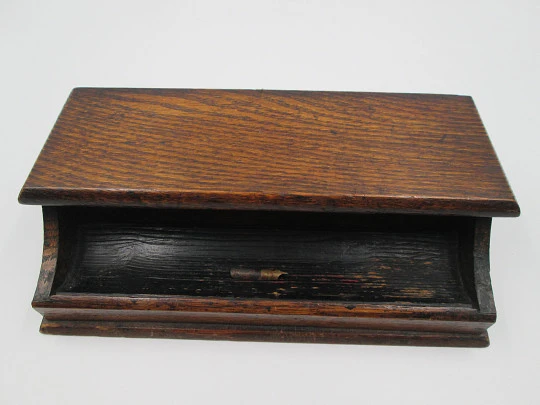 Wood inkwells rectangular Writing Box. Three ceramic items. Articulated lid & pens holder