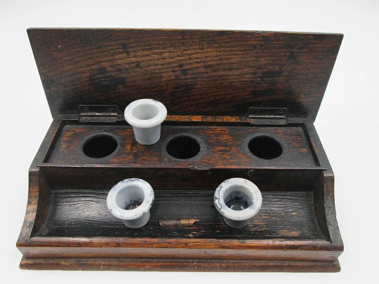 Wood inkwells rectangular Writing Box. Three ceramic items. Articulated lid & pens holder