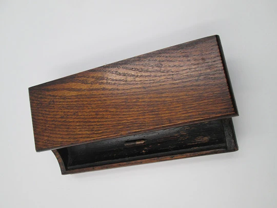 Wood inkwells rectangular Writing Box. Three ceramic items. Articulated lid & pens holder