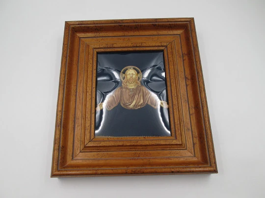 Wooden frame with image of the Sacred Heart of Jesus. Cream celluloid. Spain. 1940's