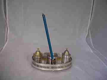 Writing desk set. Inkwells, tray, vessel and pen stand. Metal