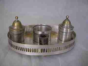 Writing desk set. Inkwells, tray, vessel and pen stand. Metal